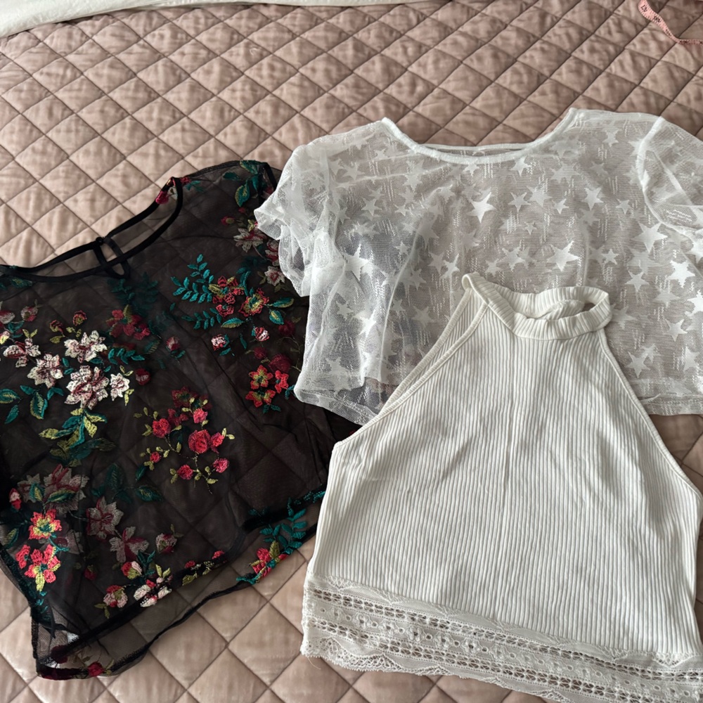 Bundle✨Floral Embroidered Black Sheer Top and Two White Tops
